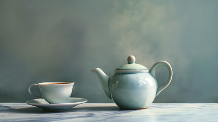Teapot and Cup of tea table top creative background with copy space. Dried and fresh organic Ceylon tea leaves on a beautiful background.