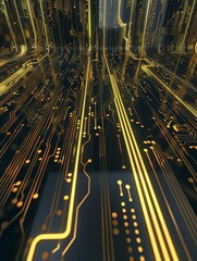 A 3D render of AI data flowing through circuits, with copy space on the top and bottom
