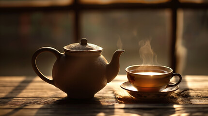 Fototapeta premium Rustic Teapot and Cup of tea on a wooden table, atmospheric and creative background. Brewing and serving tea at tea time.