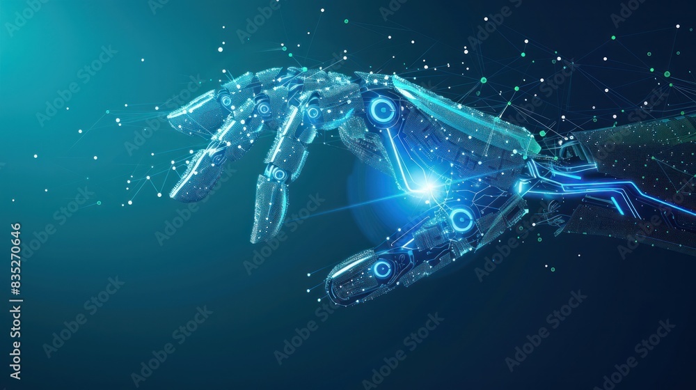 Poster vector art showcases a robot hand forming a holographic lock from binary code against a blue backdro