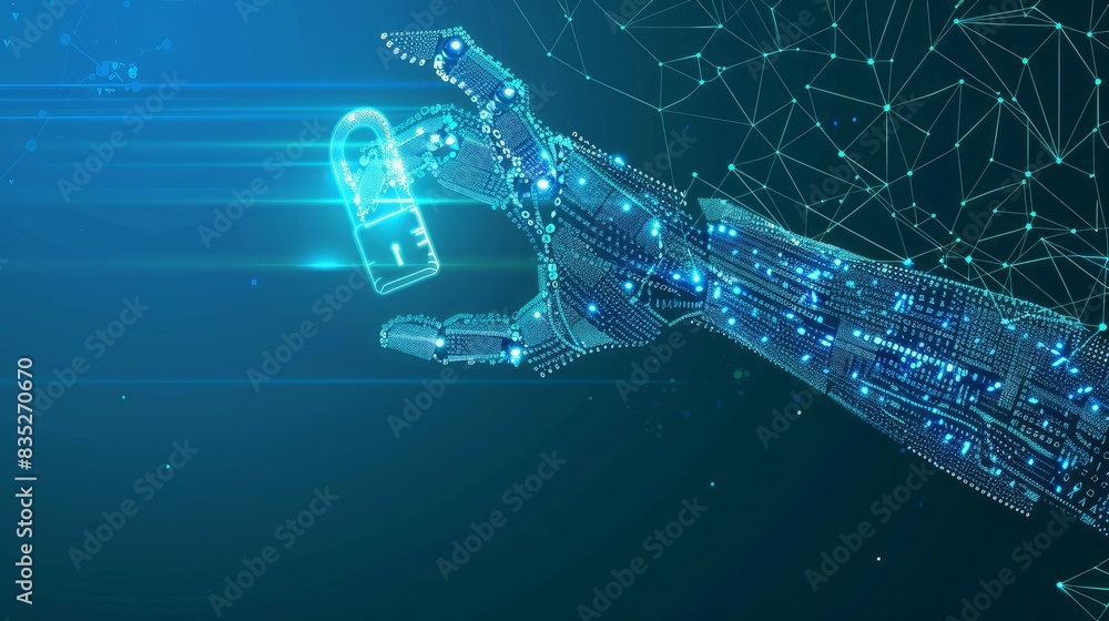 Poster vector art showcases a robot hand forming a holographic lock from binary code against a blue backdro