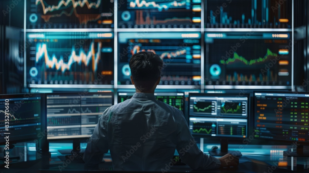 Poster a man sits at a desk with multiple monitors displaying various data and information.