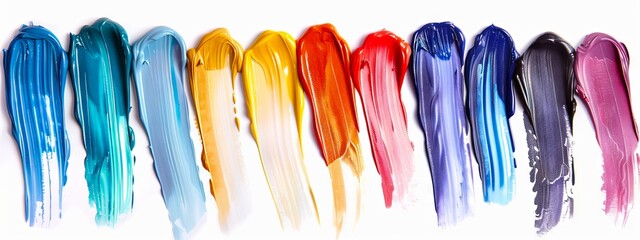 Colorful oil paint strokes in a row on a white background. Concept of vibrant art, painting materials, creative expression, abstract design. Paint stains isolated on white
