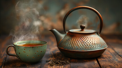 Rustic Teapot and Cup of tea on a wooden table, atmospheric and creative background. Brewing and serving tea at tea time.