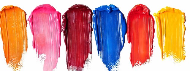 Naklejka premium Colorful palette of acrylic paint strokes on white background. Assorted vibrant swatches. Concept of creativity, color, art techniques, and design. Colorful paint stains isolated on white background