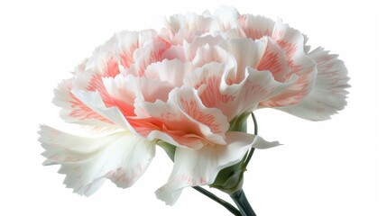 A delicate carnation with a mix of white and pale pink petals, softly highlighted against a white background