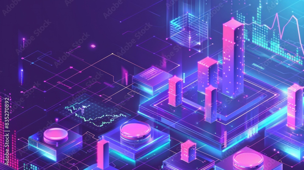 Poster visualizing stock market dynamics through holographic graphs, emphasizing investment strategies and 