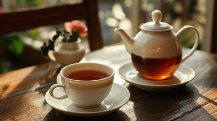 Elegant white Teapot and Cup of tea on a wooden table, creative background. Brewing and serving tea at tea time.