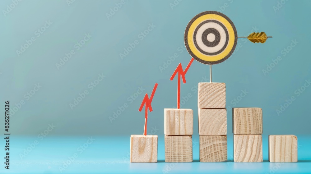 Poster wooden blocks with a target icon atop, accompanied by ascending bar graphs, illustrate concepts of b