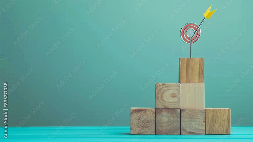 Poster wooden blocks with a target icon atop, accompanied by ascending bar graphs, illustrate concepts of b