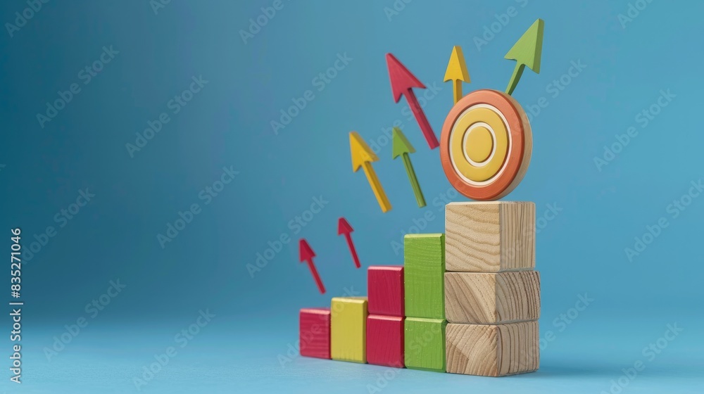 Poster wooden blocks with a target icon atop, accompanied by ascending bar graphs, illustrate concepts of b