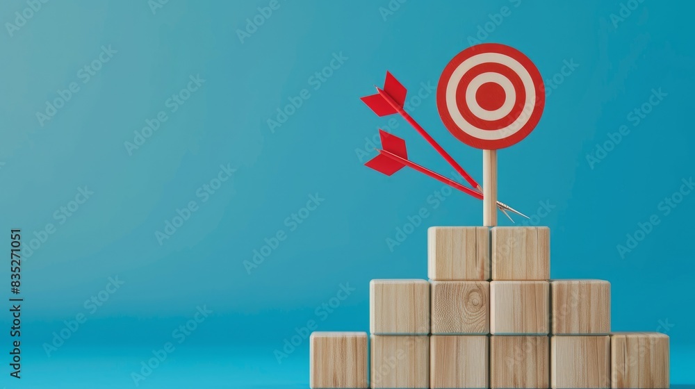 Poster wooden blocks with a target icon atop, accompanied by ascending bar graphs, illustrate concepts of b