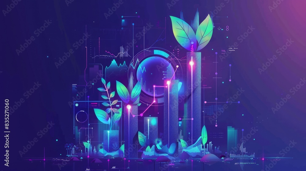 Poster visualizing stock market dynamics through holographic graphs, emphasizing investment strategies and 