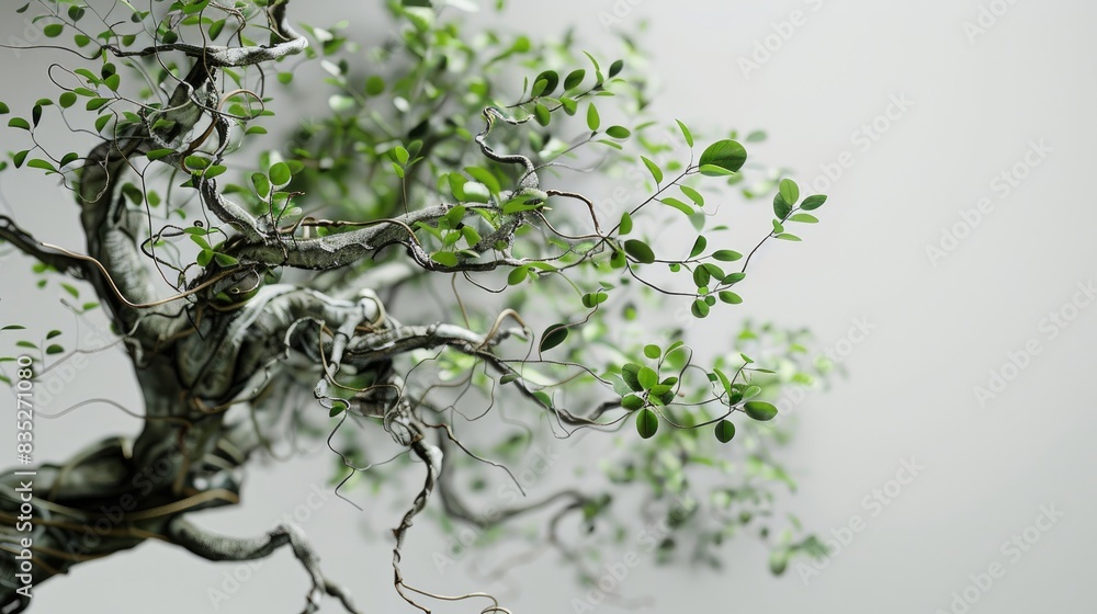 Wall mural a tree entwined with a twisted and bent wire showcasing green leaves and no branches