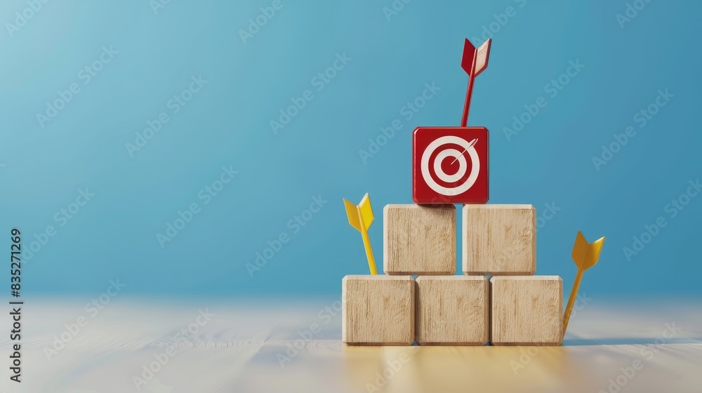 Poster wooden blocks with a target icon atop, accompanied by ascending bar graphs, illustrate concepts of b
