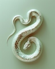 White snake elegantly coiled against a light green background, showcasing its smooth scales and serene posture.