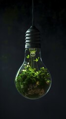 Light bulb terrarium with lush green plants in dark background