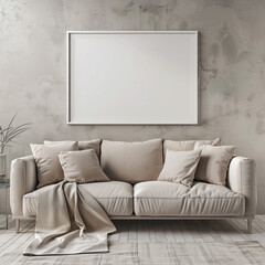 A modern living room featuring a chic taupe sofa and an empty white frame on the wall, blending style with simplicity.