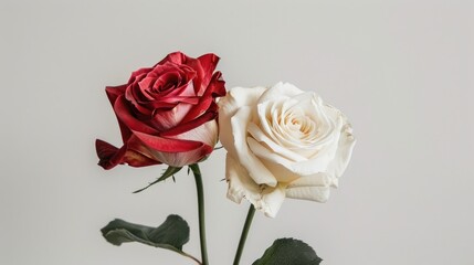 A romantic image of two intertwined roses, one red and one white, against a plain white backdrop