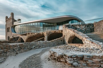 an old building with a curved roof in front of a stone bridge