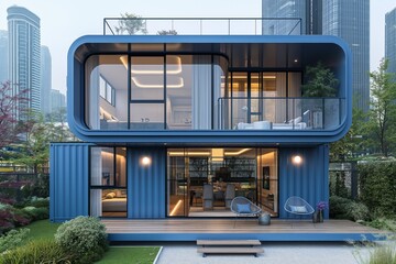 modern container house exterior with garden, minimalism design, idea for sustainability for environmental preservation real estate concept, 