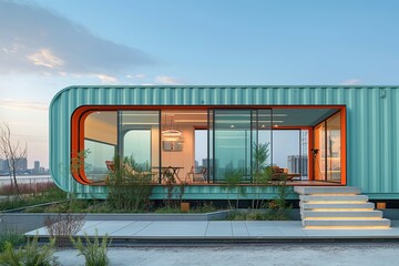 Fototapeta premium modern container house exterior with garden, minimalism design, idea for sustainability for environmental preservation real estate concept, 