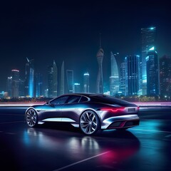 Cidade noturna futurista de um carro tecnológico esportivo na estrada. ilustração realista