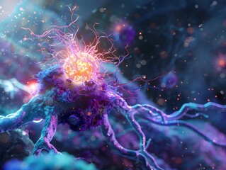 Futuristic Interface Showing Interaction of Cancer Cell with Immune System in Macro Photography
