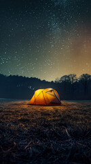 Tent lit up on the field with stars above, photo-realistic landscapes, dark orange and aquamarine. Space for Copy