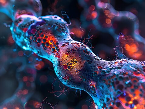 Detailed Macro of Neon Accented Cancer Cell Membrane and Complex Digital Structures