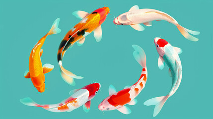 Beautiful koi fish swimming in a circular pattern against a turquoise background, symbolizing harmony and balance.