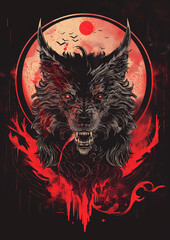 Illustration of a fierce wolf with red eyes and a red moon background, evoking a sense of power and mystery.