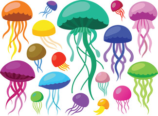 Vibrant array of cartoon jellyfish swimming in a deep blue underwater scene- © frrlbt