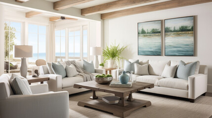 Fototapeta premium Beautiful casual living family room with coastal design nature freshness home