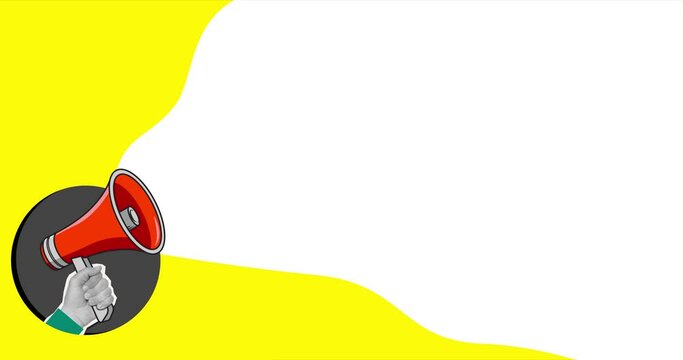 Red megaphone in hand with a place for text. 4K animation in a modern collage style
