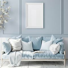 A serene living space with a soft sky blue sofa and a pristine white frame, creating a tranquil atmosphere for relaxation.
