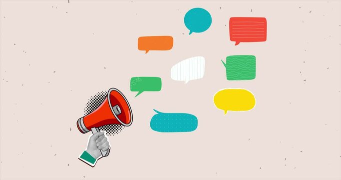 Communication concept - red megaphone in a hand and many different speech bubbles. Speaking process. 4K animation in a modern collage style