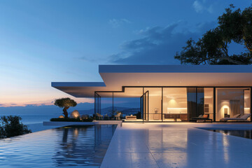 Fototapeta premium Luxury Island Villa With Infinity Pool At Sunset.