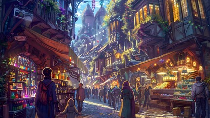 Obraz premium illustration of a bustling market street in a fantasy city. The street is lined with colorful stalls and shops selling magical items like glowing potions, enchanted artifacts, and exotic creatures.