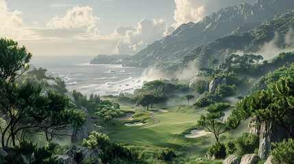 Unusually Spectacular Cliffside Golf Course Unique Landscape with Stunning Ocean Views and Dramatic Rock Formations in the Background Wallpaper Digital Art Poster Brainstorming Map Magazine Background