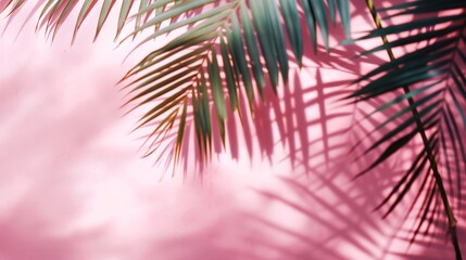 Green palm leaves casting shadows on a pink wall, creating a tropical and vibrant feel.