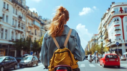 Woman riding a scooter through a city street from behind. Female with a yellow backpack on an urban road. Urban commute, transportation, city exploration, travel concept