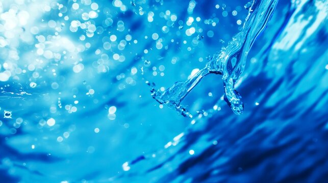 Close-up of water splashes and droplets with bokeh effect on a vibrant blue background, creating a dynamic and refreshing scene.