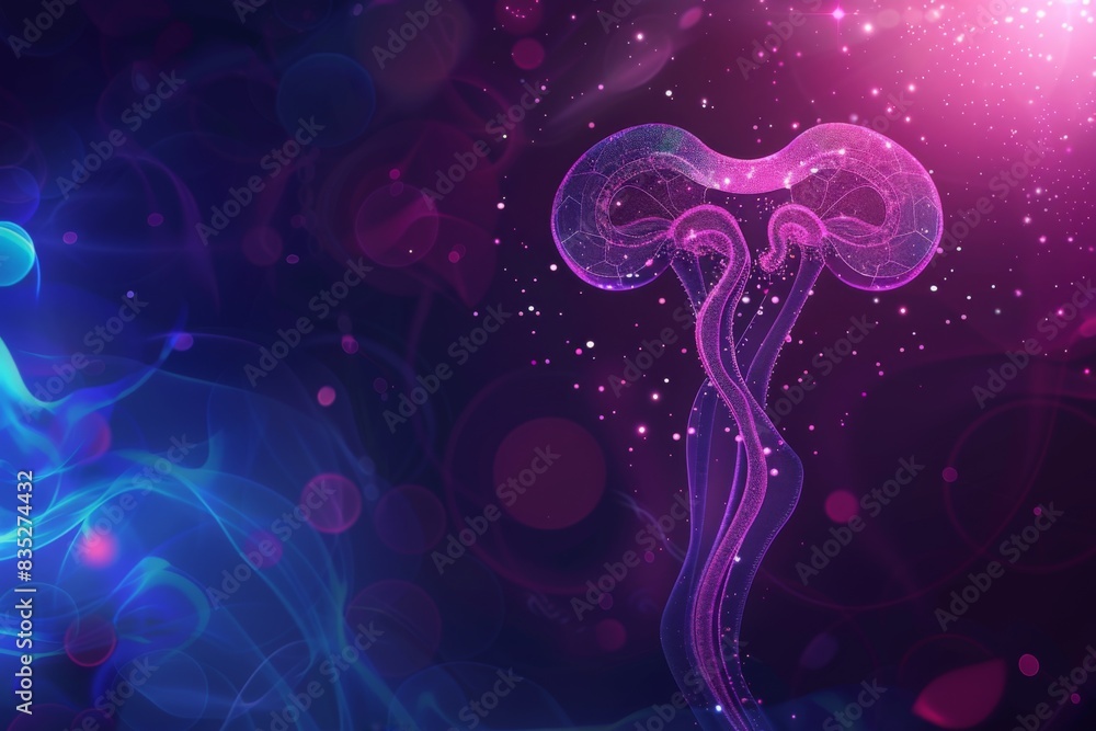 Poster futuristic neon glowing outline of reproductive organs against a dark backdrop with abstract element