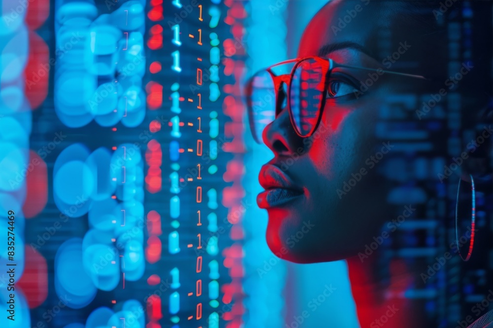 Poster a close-up digital backdrop with streaming binary code and blurred foreground figure