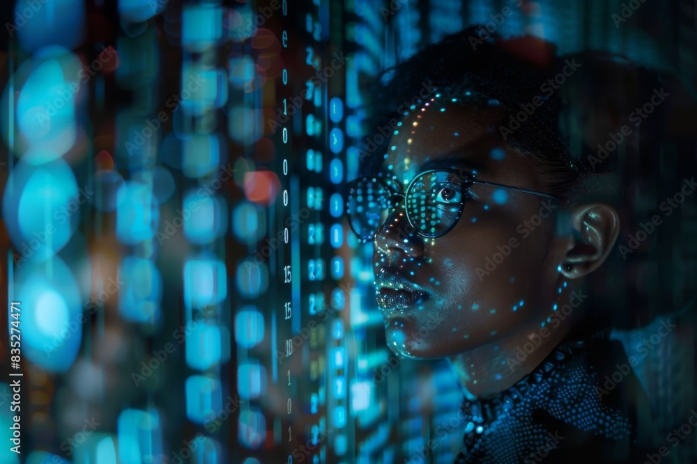 Poster image of a child with blurred face against a background of binary code and digital elements