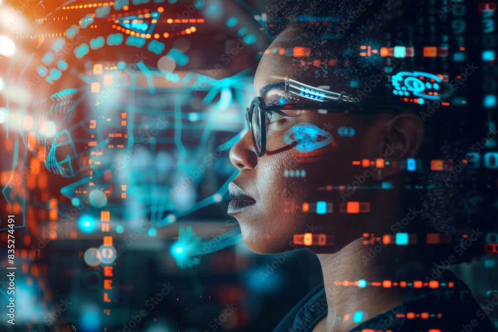 Poster photo of a man with blurred face outlined with dynamic cyber-themed graphics and digital elements