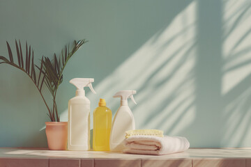 Home cleaning, creative background. Cleaning and sanitizing home. Eco-friendly cleaning sprays and products.