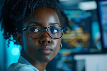 A young woman with short hair and glasses serious and focused in a blue-lit server room