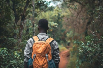 A hiker with an orange backpack explores a forest trail, the image focusing on the journey and adventure spirit